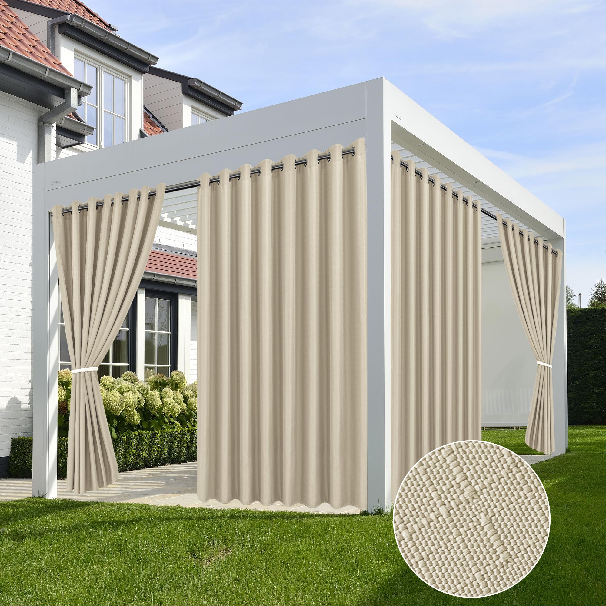 HolidayIdeas 4 Panels Linen Outdoor Curtains for Patio Waterproof Cream Outside Curtains 110"x95"-Indoor/Outdoor Gazebo Wide Curtains Weatherproof, Privacy for Pergola, Porch, Cabana, Livingroom