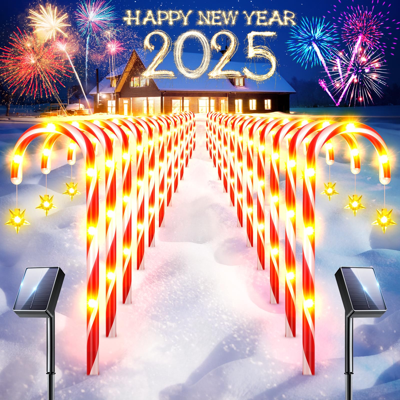 24 Pack Christmas Decorations Outdoor Solar Candy Cane Lights, LETMY Solar & USB Rechargeable Solar Christmas Pathway Lights, 144 LED 10 Modes Waterproof Outdoor Christmas Decorations for Yard Pathway