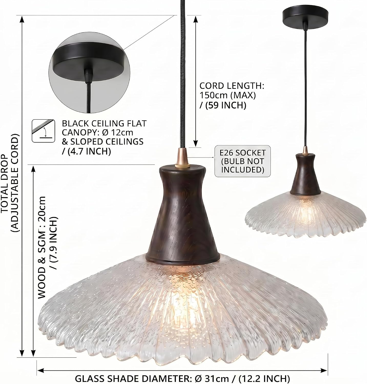 Pendant Lamp Vintage Wood Textured Glass E26 Height Adjustable for Bedroom Dining Room Living Room Kitchen Study Cafe Rustic Style 21cm 31cm (31cm)