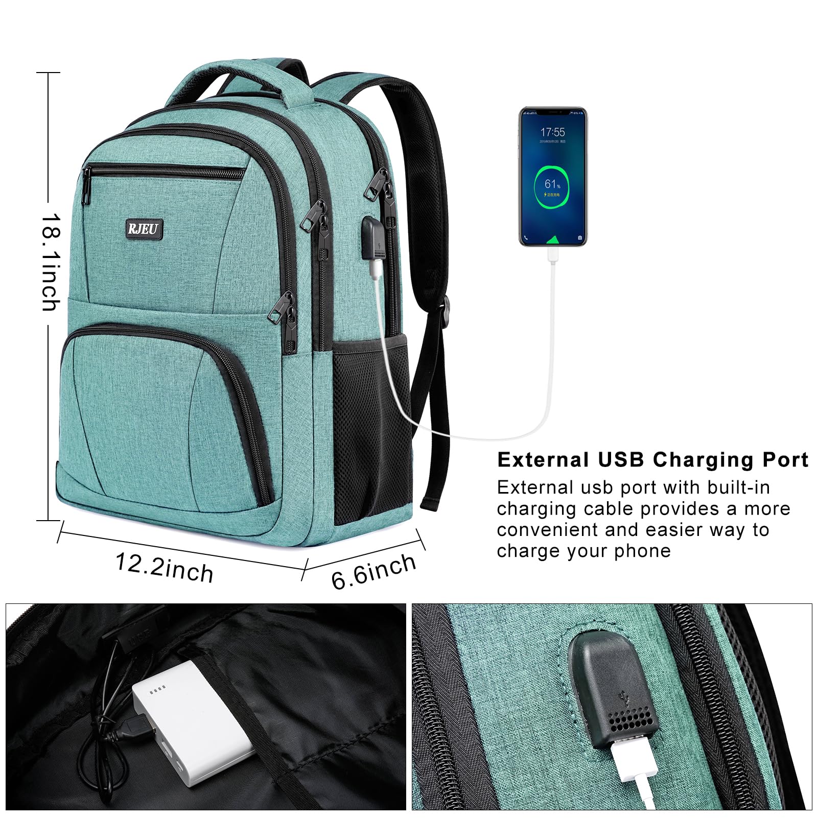 RJEU Zaino Uomo Donna, Zaino Scuola Superiore Media Zaino Università Per PC Portatile 15.6 Pollici con Porta di Ricarica USB