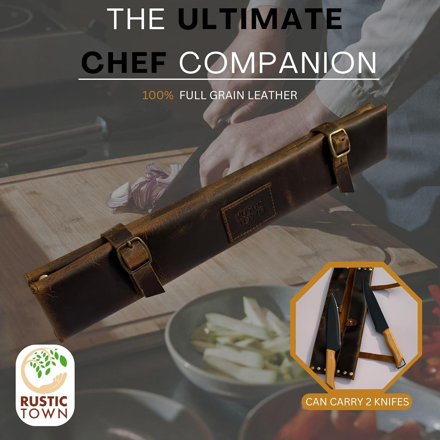 RUSTIC TOWN Leather Knife Roll - Chef Knife Case for Professional & Home Use - Secure & Stylish Knives Organizer - Travel-Friendly, Gift for Men & Women
