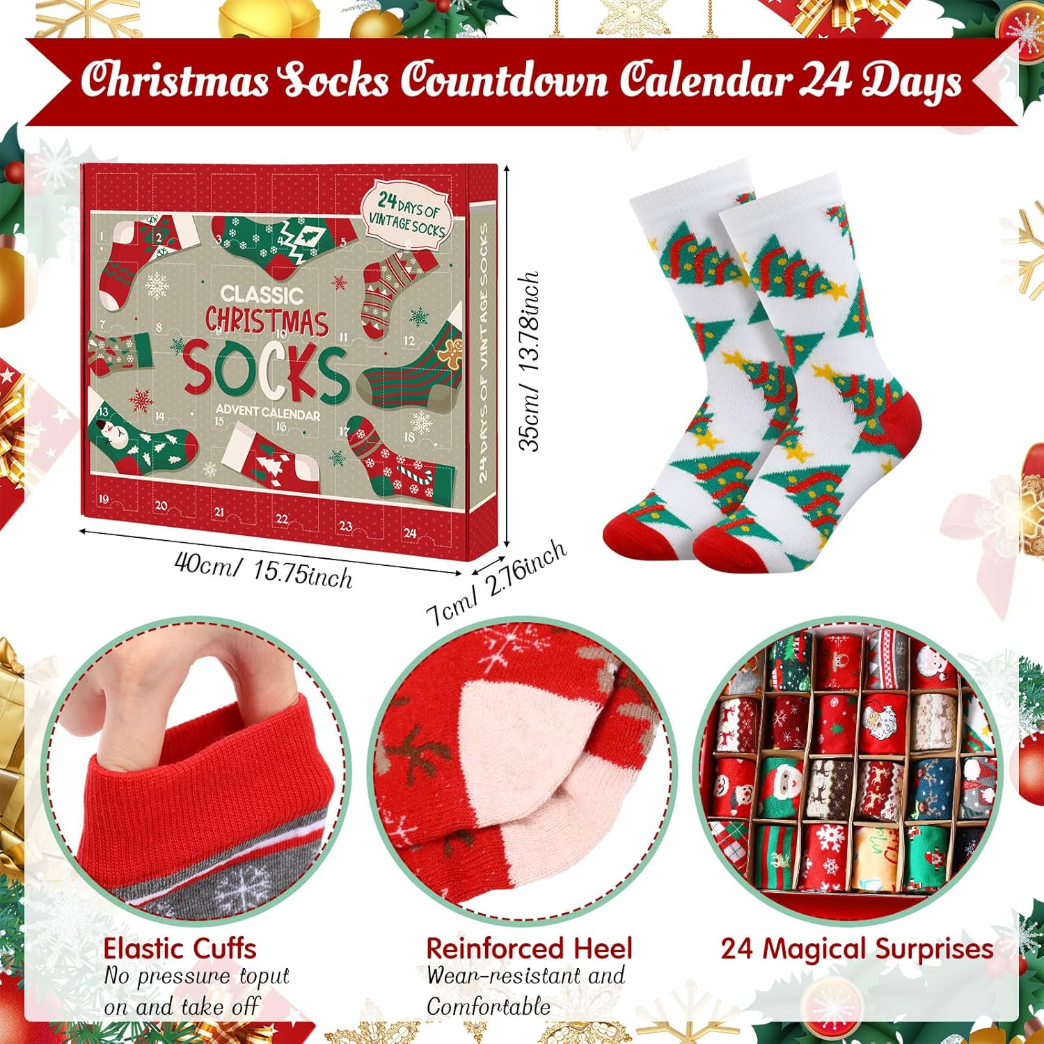 Capoda 24 Pairs Christmas Socks Advent Calendar 2025 Retro Unisex Cotton Crew Socks Set for Adults Men Women 24 Days Christmas Advent Calendar Gift for Xmas Party Favors - Image 2