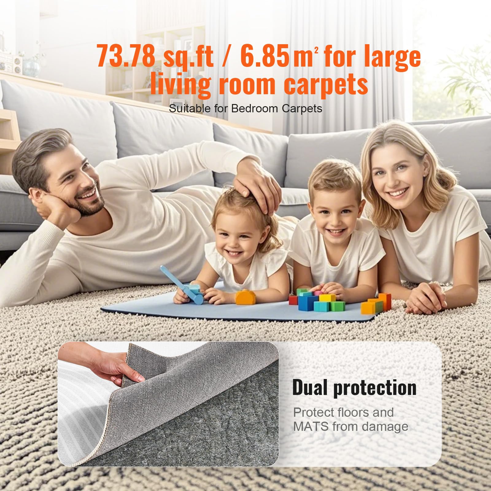 VEVOR Tappetino Protettivo per Tappeti, Rug Pad Gripper 2440 x 3060 mm, Spessore 12 mm Feltro a Doppia Superficie, Ambito Area 7-8 ㎡ Comfort Premium Sotto i Piedi Imbottitura per Pavimenti, Grigio