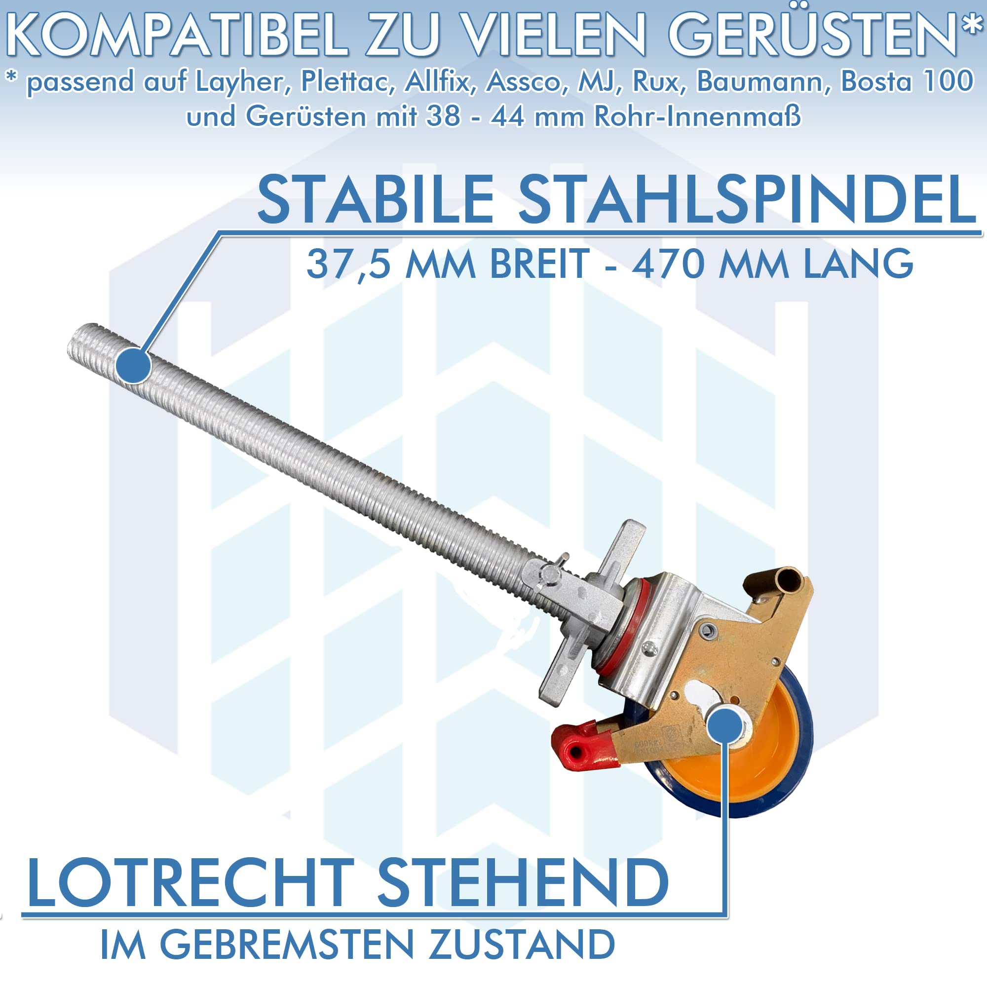4 Stück Gerüstrollen 125 mm LAYHER*-kompatibel mit Stahlspindel, doppelt gebremst, lotrecht stehend, passend zu LAYHER*-Gerüsten und anderen Herstellern