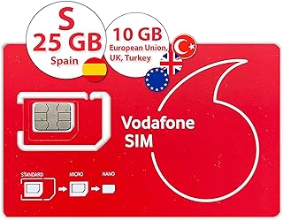 Vodafone S Prepaid SIM Card 25GB + Promo 25GB in Spain and 10 GB in The Rest of Europe, UK, Turkey | 300 Minutes to The US and to 55 Other Countries | Activation only at www tourtech .Shop