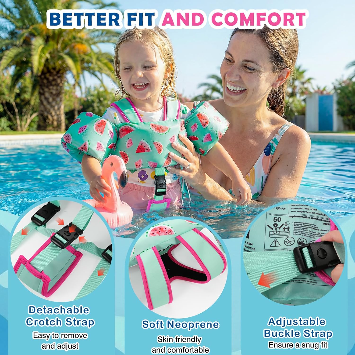 MoKo Kids Swimming Vest, Toddler Floaties, 20-50 lbs Arm Band Floaties with Adjustable Strap, Swim Jacket Water Wing Pool Float, Water Sports Learning Swim Training Equipment, Mint Green Watermelon