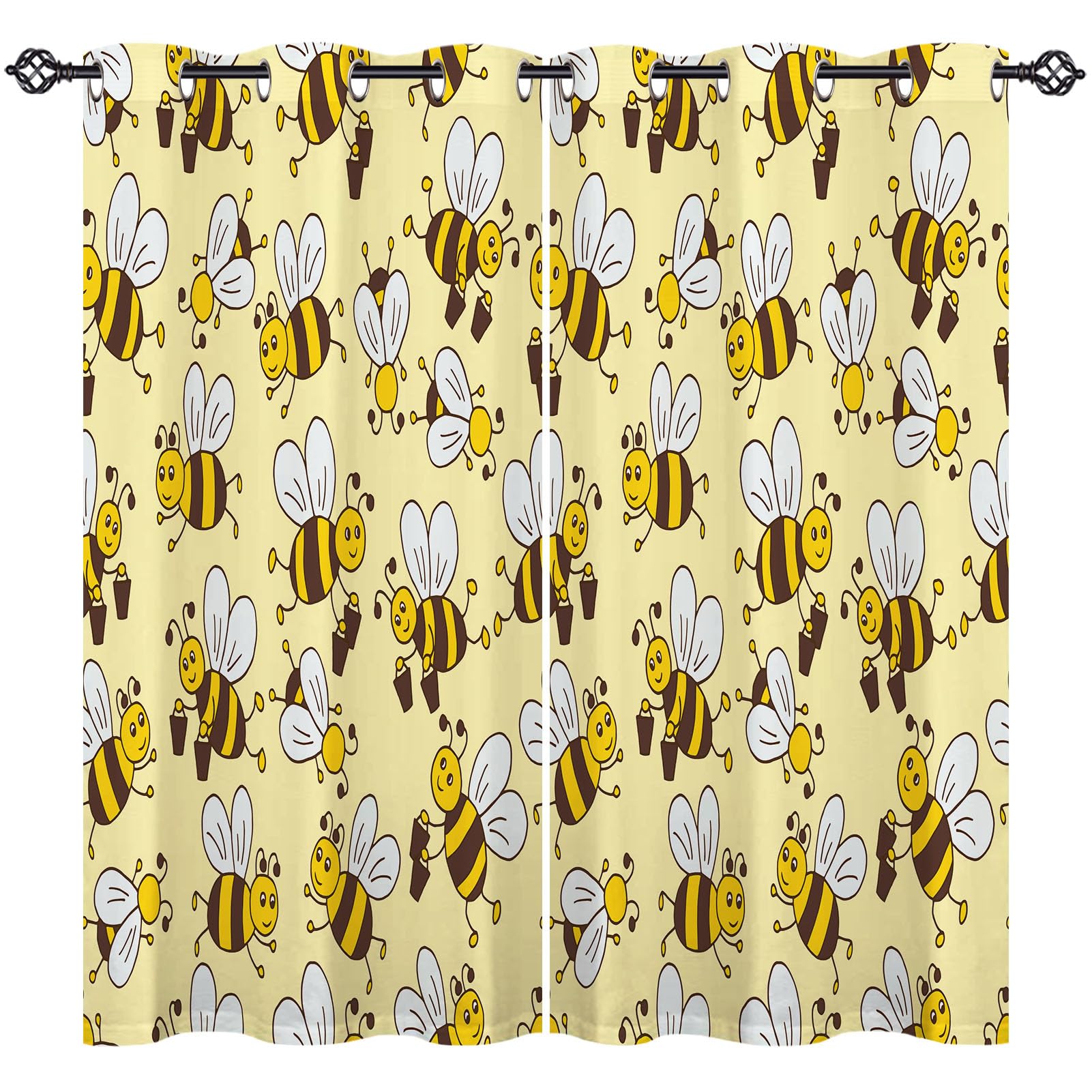 ANHOPE Bee Curtains Eyelet Thermal Insulated Blackout Curtains Cute Cartoon Animal Bees Print Pattern Ring Top Drapes for Bedroom Living Room 30 x 63 Inch Drop 2 Panels โ image 1