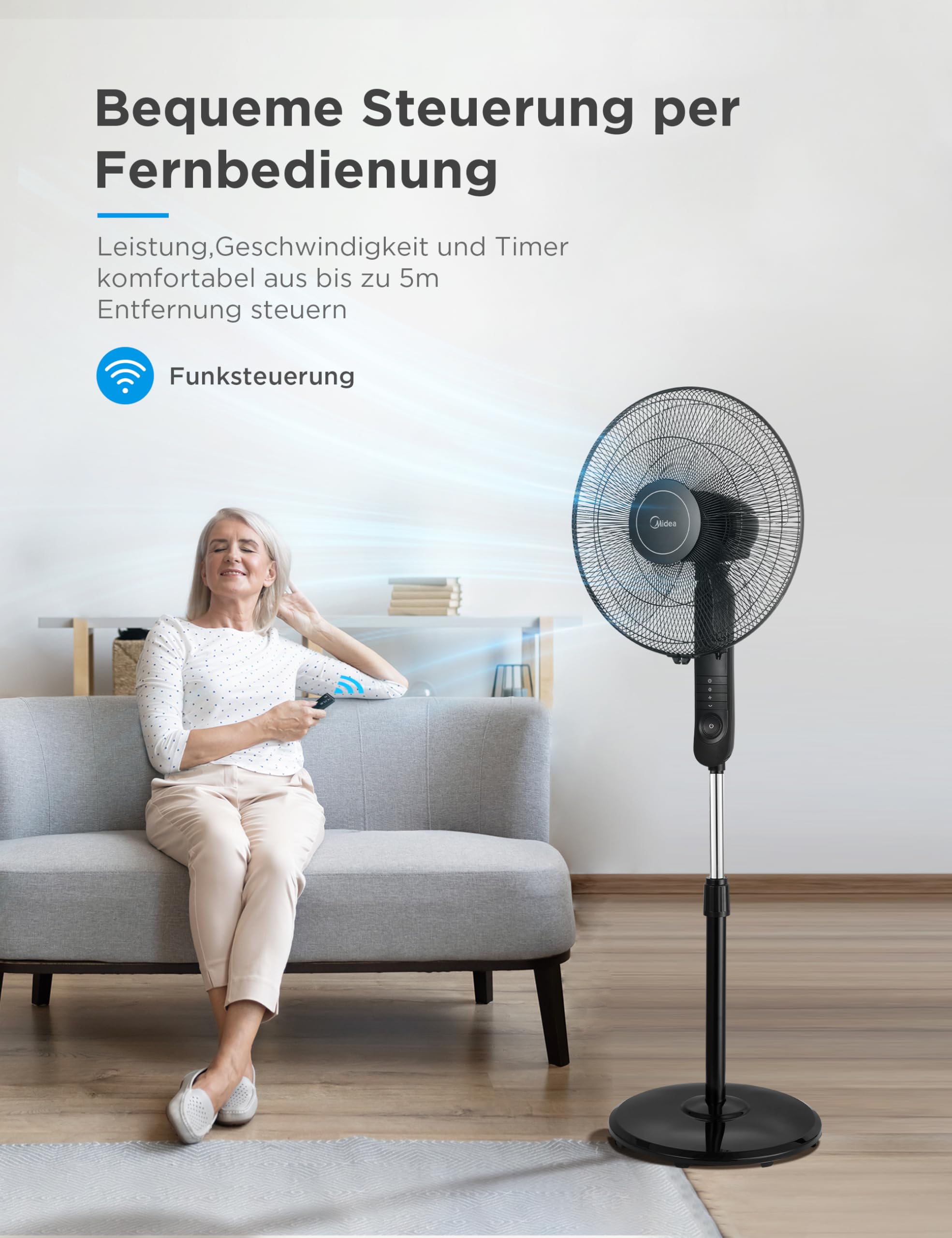 Midea FS40-15FR Standventilator 55W leise mit Fernbedienung 3 Geschwindigkeitsstufen LED Anzeige 7,5H Timer höhenverstellbar 80° Oszillation Schwarz