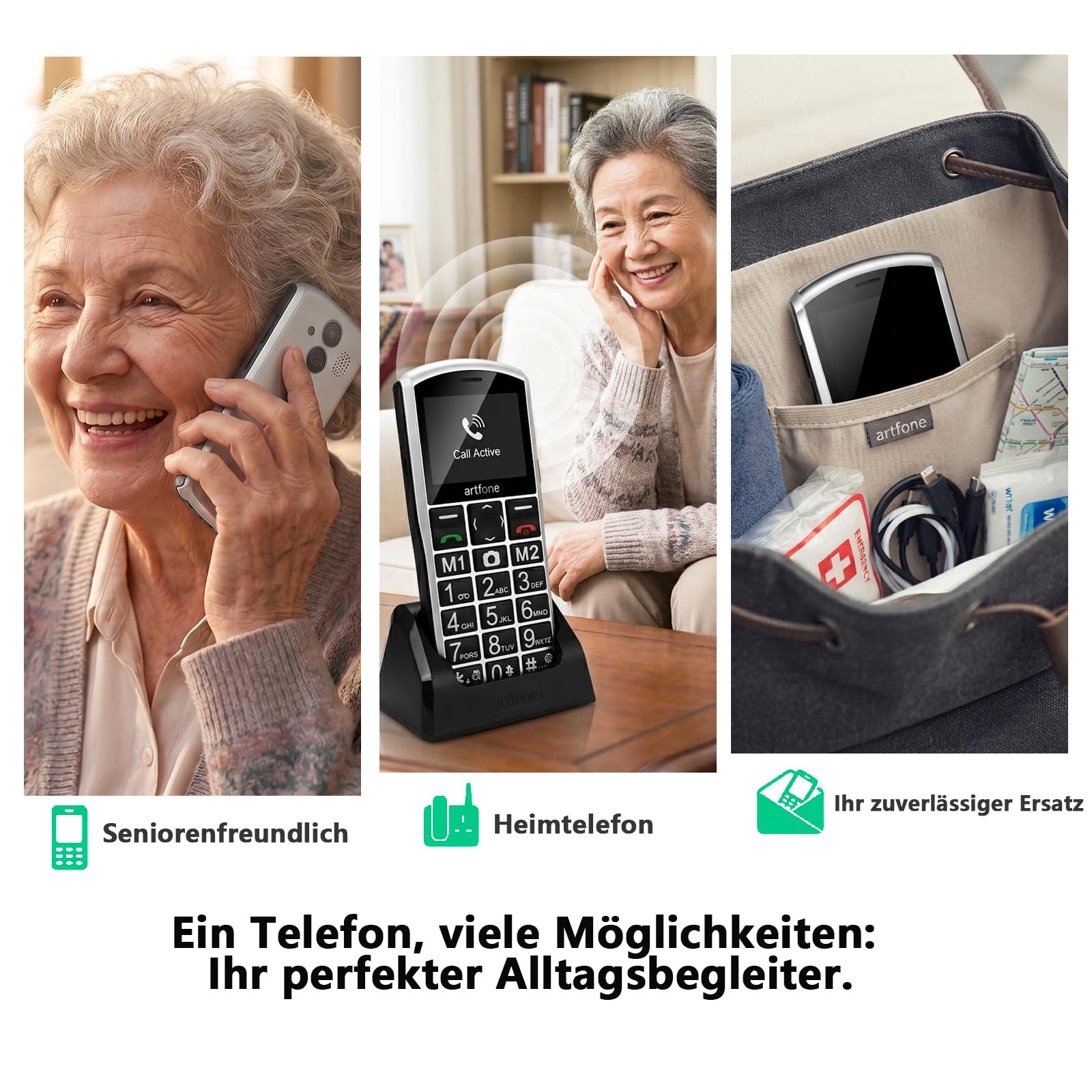 artfone Volte - Telefono cellulare 4G per anziani, senza contratto, con tasti grandi, con pulsante di chiamata di emergenza e batteria da 1800 mAh, doppia SIM con stazione di ricarica da tavolo