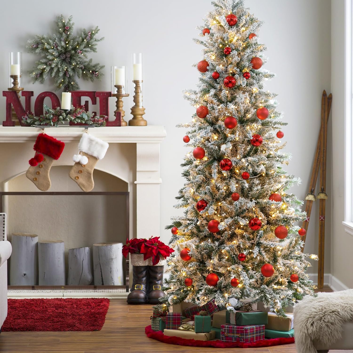 6ft Prelit Christmas Tree, Flocked Artificial Christmas Tree w/250 LED Warm White Lights, 600 Frosted Tips & Foldable Stand, 43" Wide Tall Xmas Pine Tree for Indoor Outdoor Decoration
