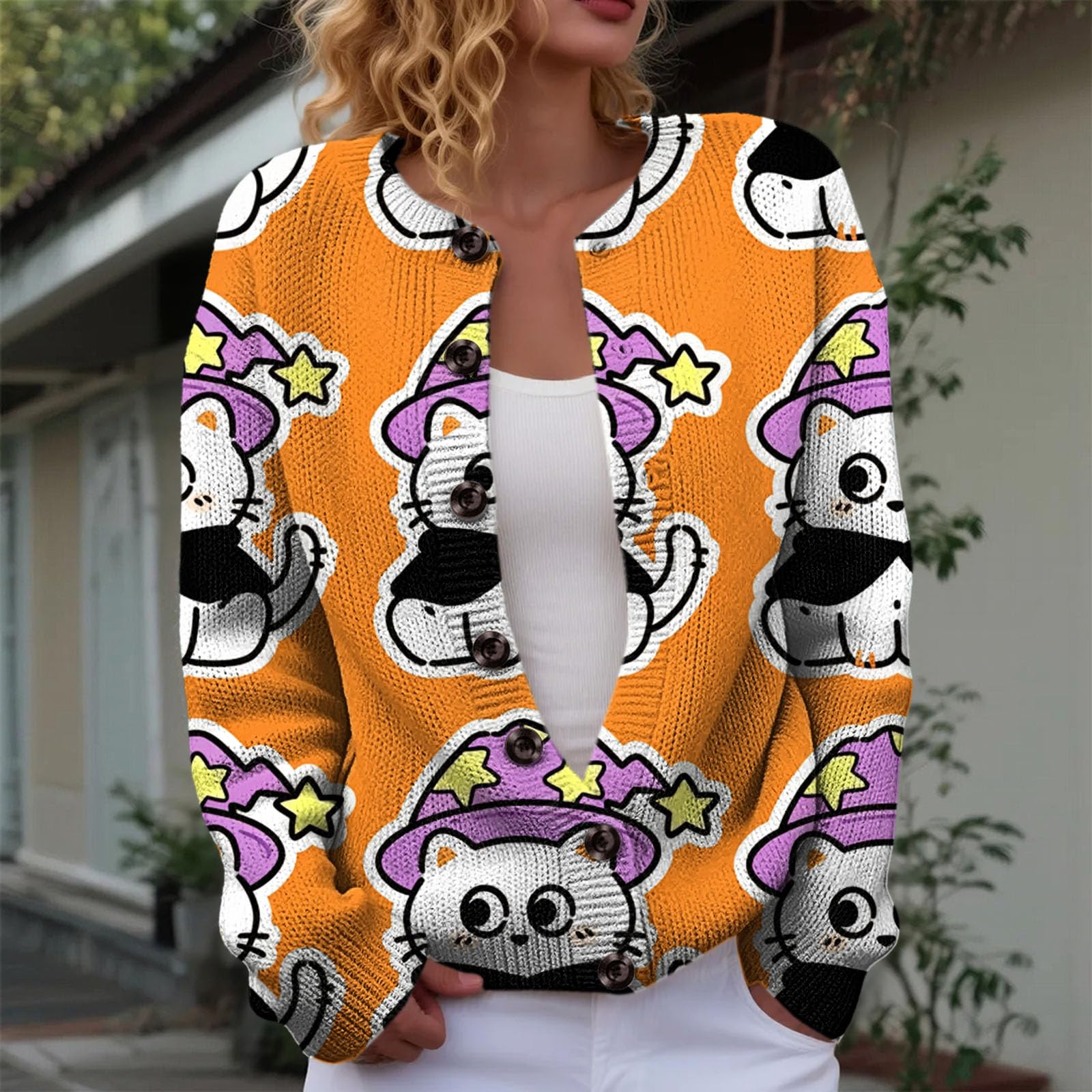 Generisch Maglione stampato, a maniche lunghe, da donna, casual, comodo, elegante, per autunno e inverno, oversize, aperto sul davanti, con cerniera