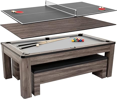Atomic Hampton 3-in-1 Combo Game Table - Billiards, Ping Pong, and Dining Table All-in-One - Instant Transformation - Premium Black Felt - XL Bench Storage for All Accessories - Modern Design