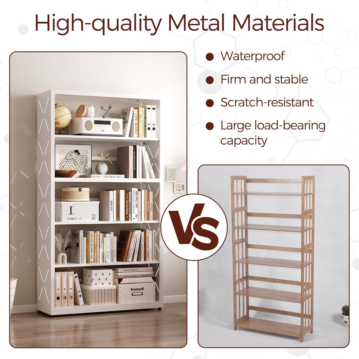 Book Shelf, 5 Tier Metal Bookshelf with Adjustable Shelves, Open Shelf Bookcase for Home Office & Living Room, CD Storage Racks, White 31" Wide