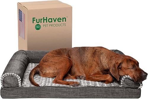 Miniatura 1 de Furhaven - Cama de espuma viscoelástica para perros y gatos, estilo sofá, de piel sintética y lino de rendimiento duradero con funda extraíble