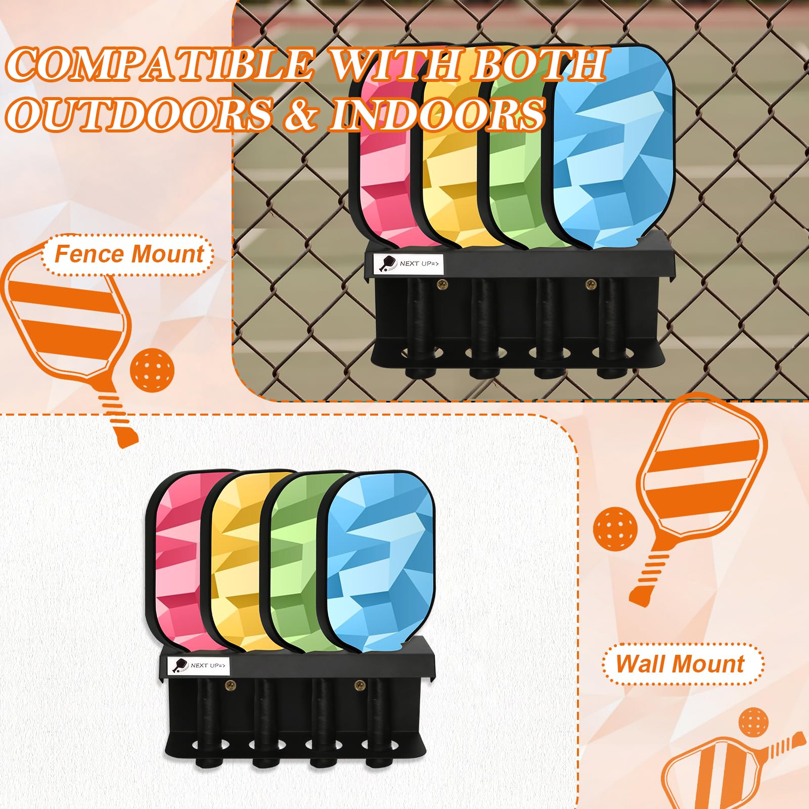 Pickleball Schlägerballhalter für 4 Paddel, Pickleball-Paddelhalter mit Etikett, um die nächsten Spieler zu verfolgen, Pickleball-Paddelhalter, Zaun, Wandhalterung, hängende Aufbewahrung, Outdoor,