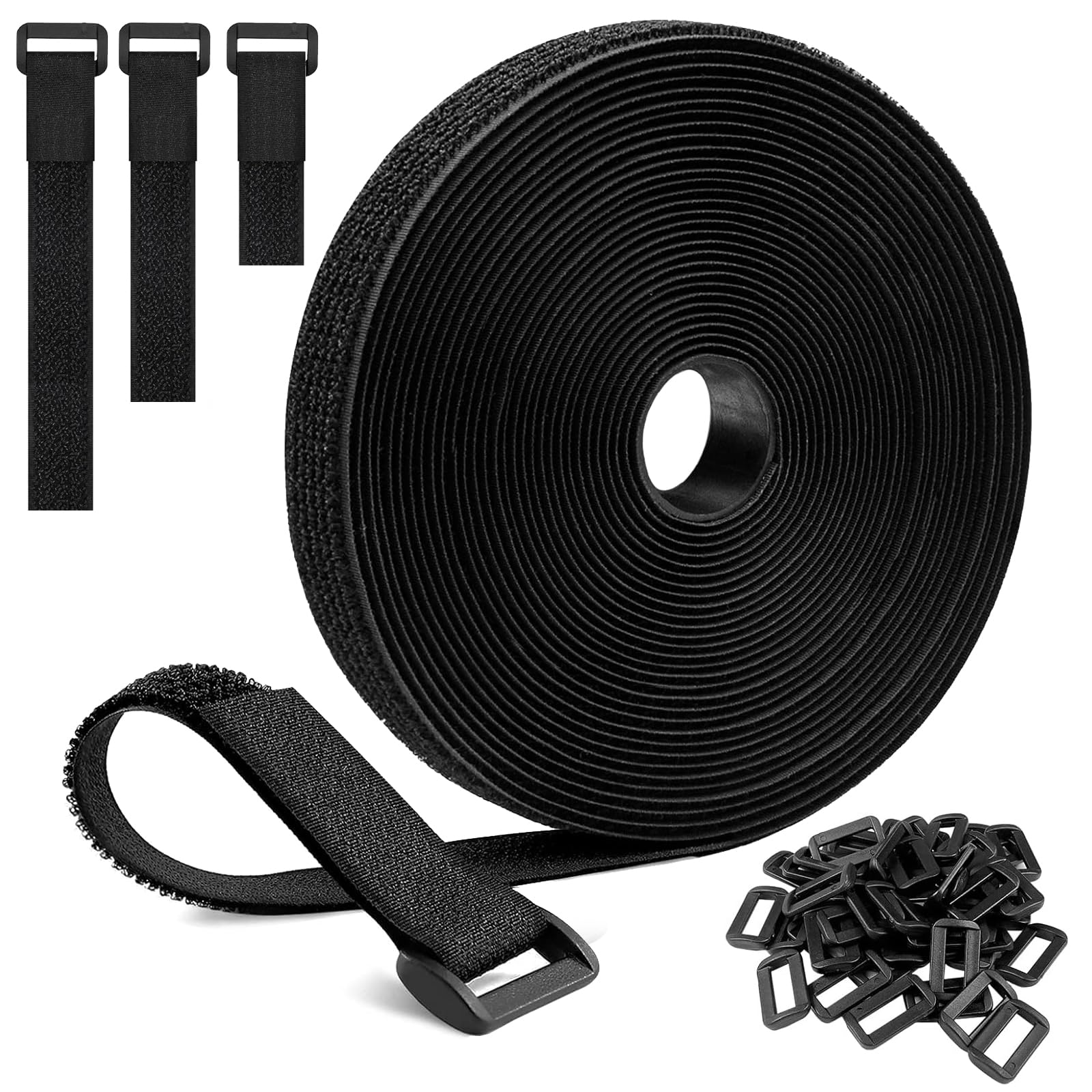 Redamancy 10m x 2cm Fascette Fermacavi Riutilizzabili con 50 Fibbie, Fettuccia Nylon Nero, Lunghezza Di Taglio Libera Fascetta Cavi, Nastro Adesivo per Organizzare Cavi, Zaino, Tubi Flessibili