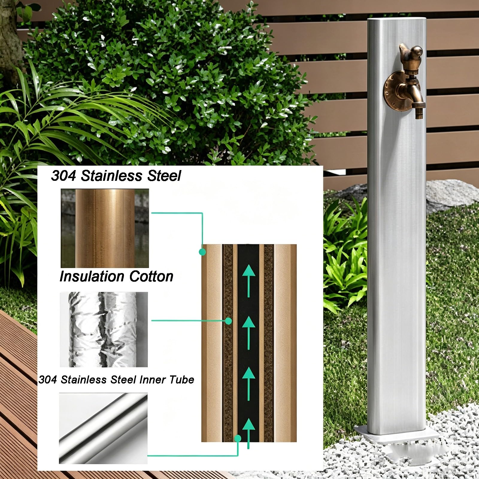 Acier Inoxydable 304 Colonne Jardin, Colonne Robinet Exterieur, avec Robinet en Laiton et Tuyau Extensible pour Jardin, Villa