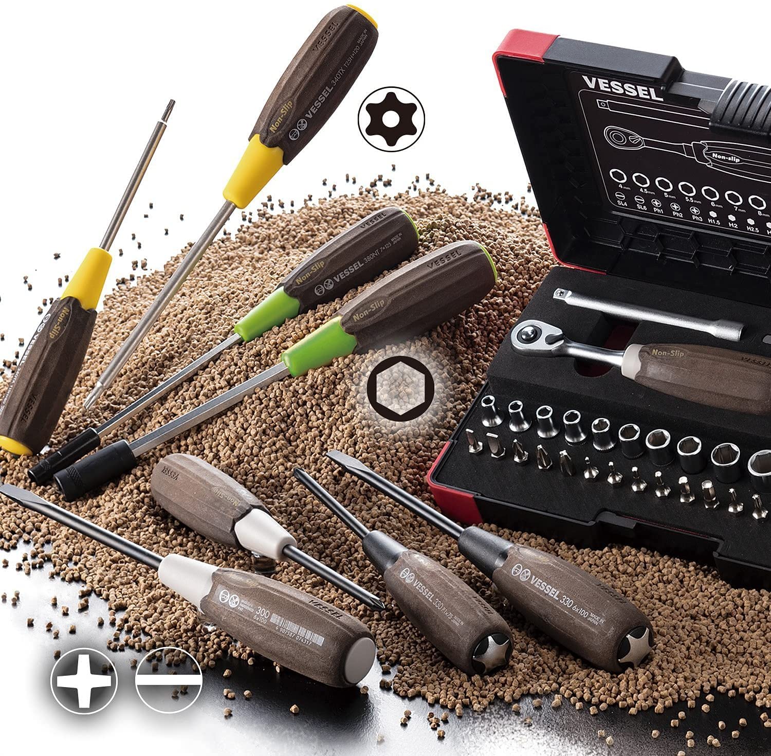 VESSEL WOOD-COMPO Non-Slip Hex Nut Driver 8PC. Set No.3808EVA Made in Japan by VESSEL