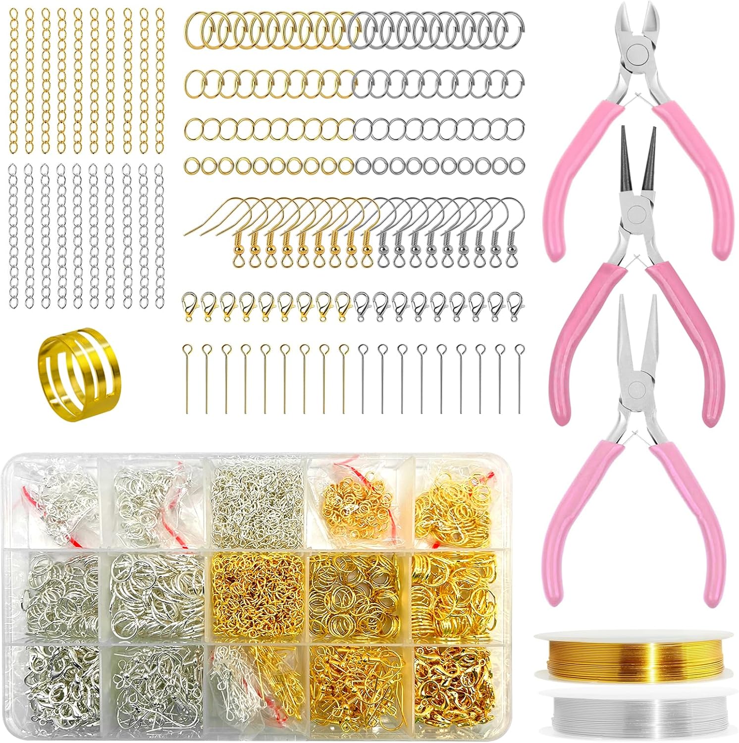 Yauhar 1166Pcs Jewelry Making Supplies Kit Contains Silver & Gold Earring Findings, Lobster Claw Clasps, Necklace Extender Chain, Beading Wire and Jewelry Pliers for DIY and Repair