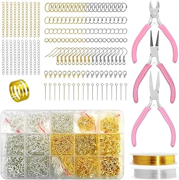 Yauhar 1166Pcs Jewelry Making Supplies Kit Contains Silver & Gold Earring Findings, Lobster Claw Clasps, Necklace Extender Chain, Beading Wire and Jewelry Pliers for DIY and Repair