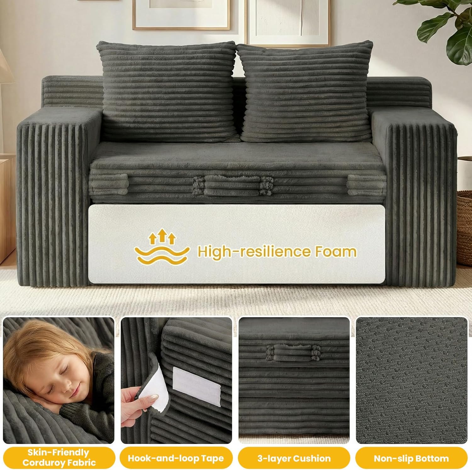 Boneless Couch,Boneless Loveseat Sleeper Sofa Bed – 3-in-1 Convertible Couch Bed with Side Pockets & Handle,Pull Out Corduroy Futon for Small Space,Living Room & Bedroom,2 Pillows Included,No Assembly