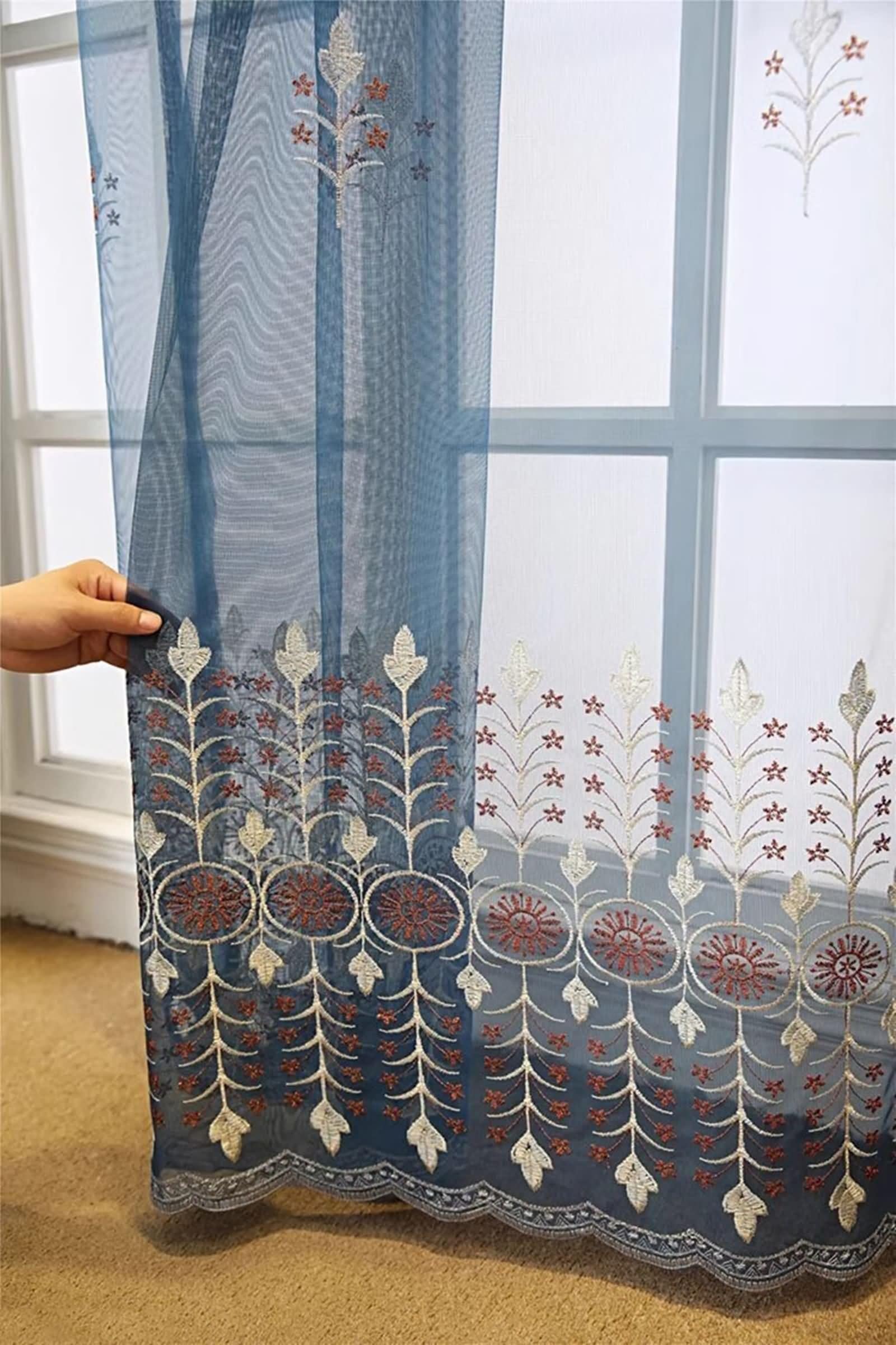 Rideau de Cuisine Long Vintage, Rideaux d'Extérieur Transparent Bleu Motif de Broderie en Dentelle Polyester 2 Panneaux 107W x 214L cm