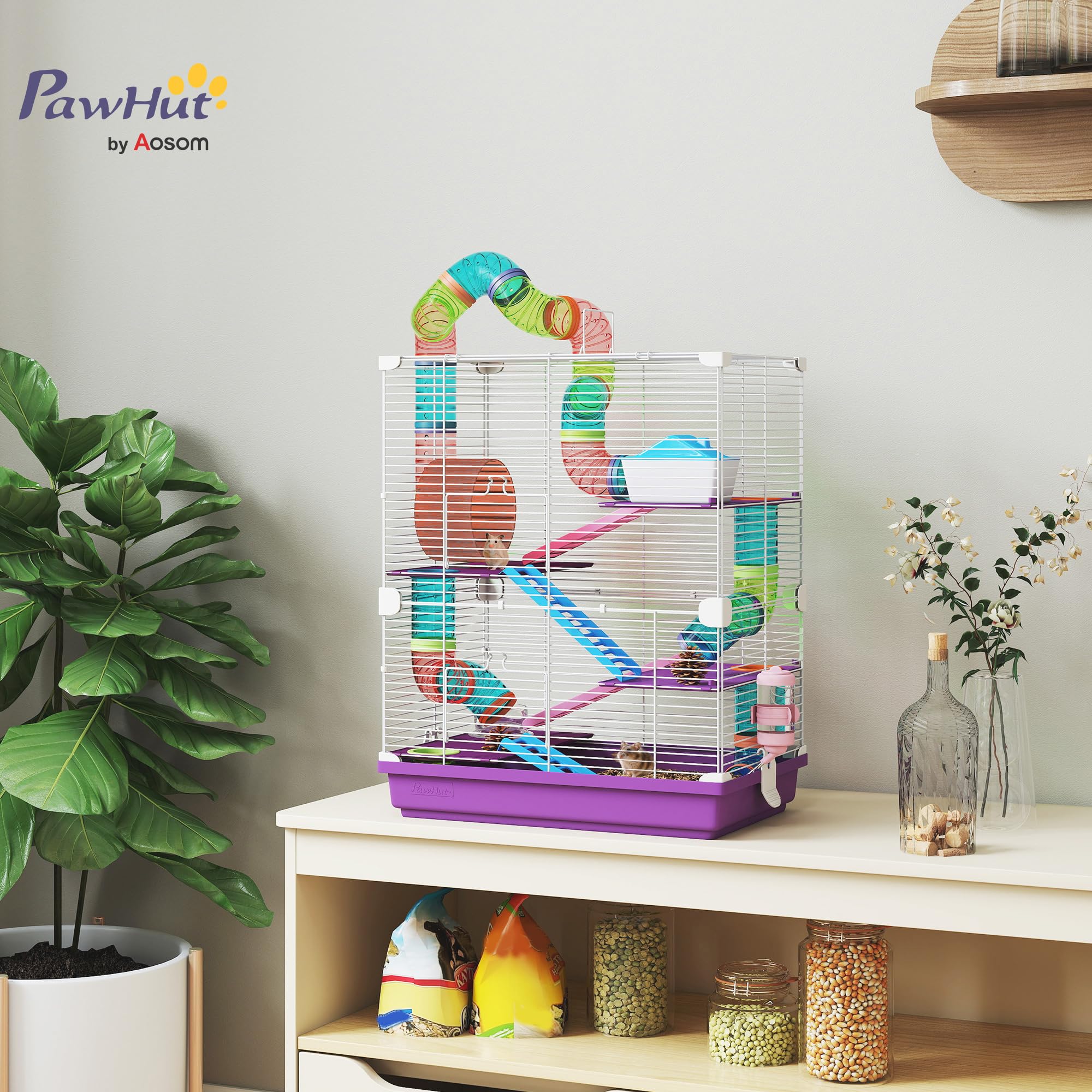 PawHut Jaula para hámster roedor 4 Pisos con túneles alimentador Rueda casa escaleras Dim. 46 x 30 x 58 cm, Color Morado
