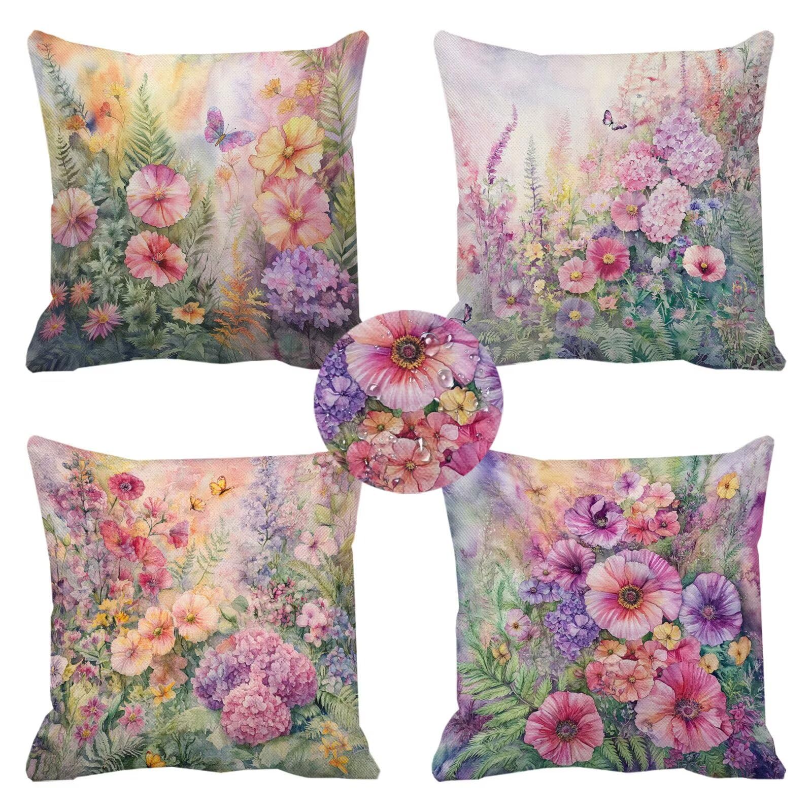 Housse de coussin violet et lin rose 50x50 pour decoration de lit de jardin et terrasse