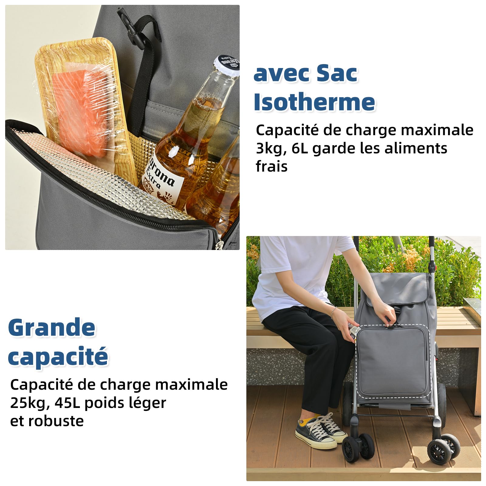 LEUYA Chariot de Courses Pliable 6 Roues Monte-Escalier, Panier en Aluminium 45L avec Sac Isotherme 8L, Caddie de Marché, Charge Max 25kg, Noir