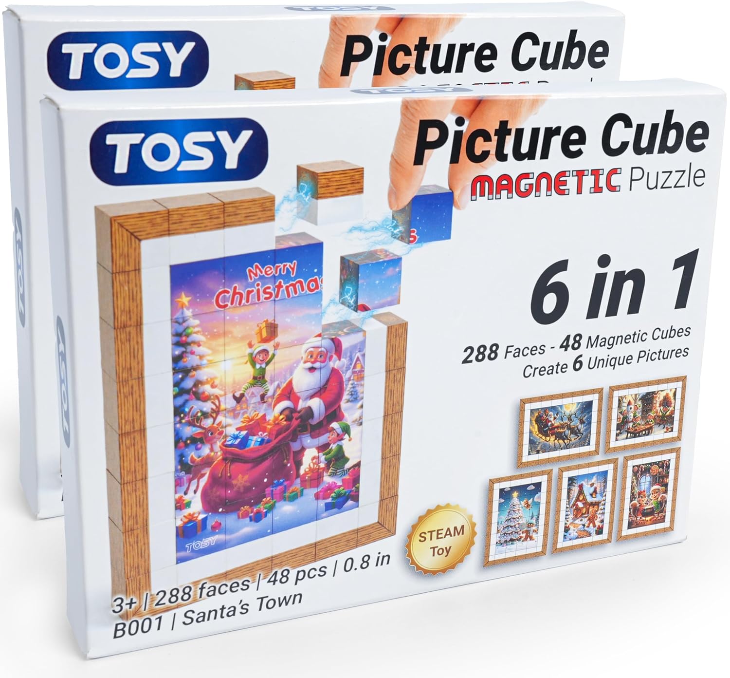 TOSY Picture Cube Santa’s Town: 6in1 Magnetic Picture Puzzle, 48 Blocks, 288 Faces/Magnets, 0.8 in, B001, Seamless UV Art, Display-Ready Frame, Collectible, STEM Gift for Kids & Adults, 2-Pack