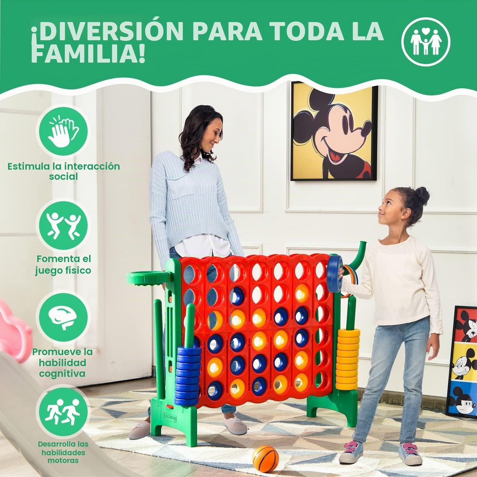 RELAX4LIFE Juego de 4 en Raya para Niños y Adultos, para Exteriores e Interiores, 4 en Raya Gigante, Regalo para niños (84x33x74cm, con Canasta, Pelota, 5 Anillos -C)