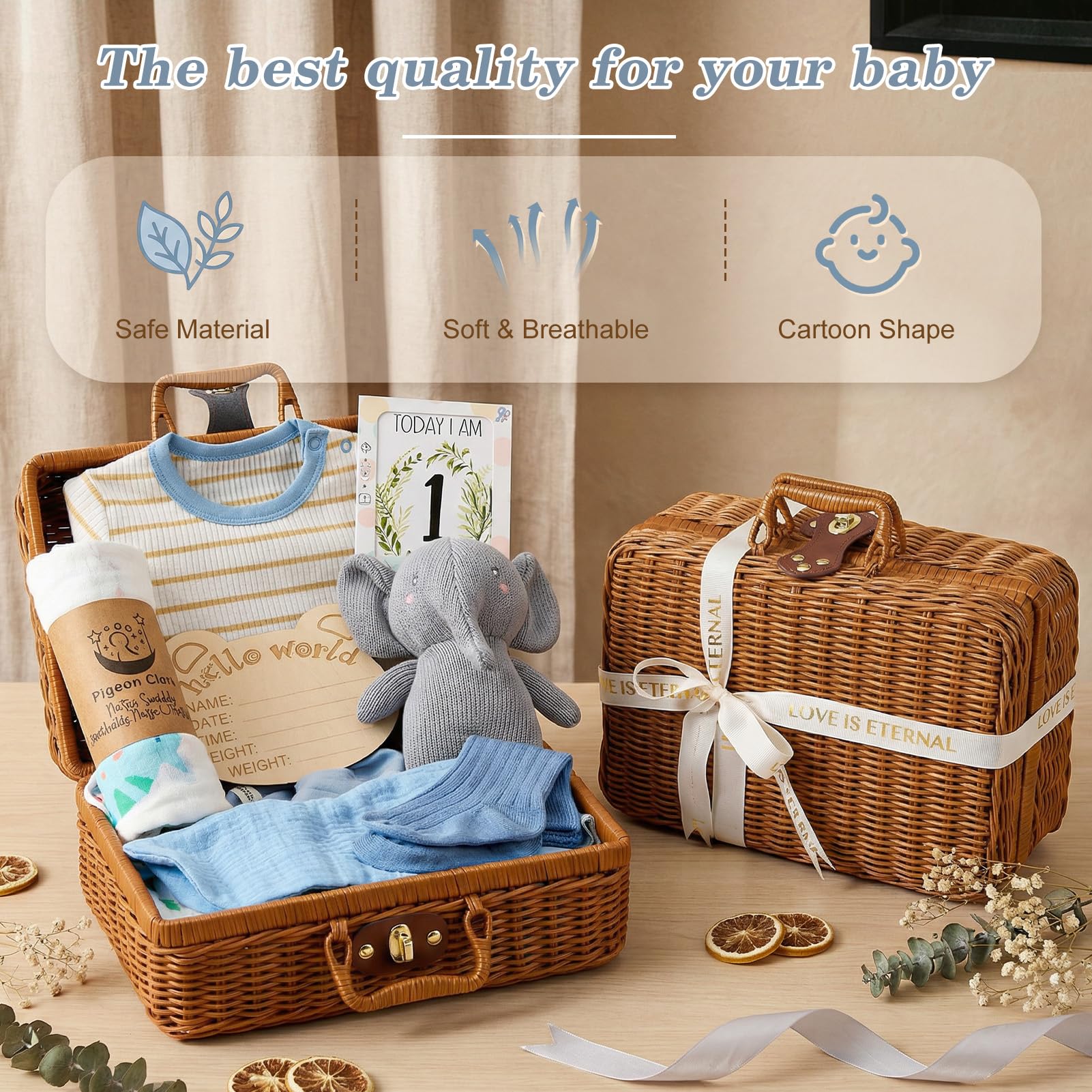 Regalo Nascita Bimbo con Body, Peluche Elefante, Mussola, Bavaglino, Cappello, Calzini, Cesto in Bambù Intrecciato, Set Regalo Neonato Nascita Regalo Baby Shower Bimbo (Cesto in Bambù)