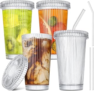 GMISUN Iced Coffee Cups with Lids, Glass Cups with Lids and Straws, Ribbed Glassware, Drinking Glasses Set of 4, Vintage Glassware Cocktail Glasses 14oz for Cocktail, Gift
