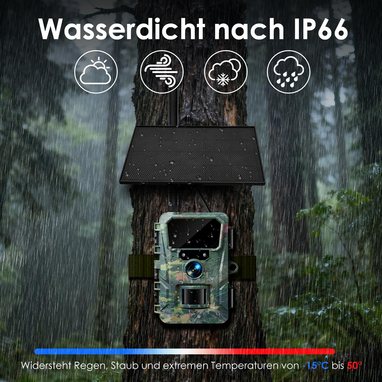 WOLFANG 4G/LTE Wildkamera Solar, 2K 48MP Live Übertragung Wildkamera mit Handyübertragung App, 5200H mAh Akku, Wildtierkamera mit Nachtsicht Bewegungsmelder mit 64G Speicherkarte IP66 Wasserdicht