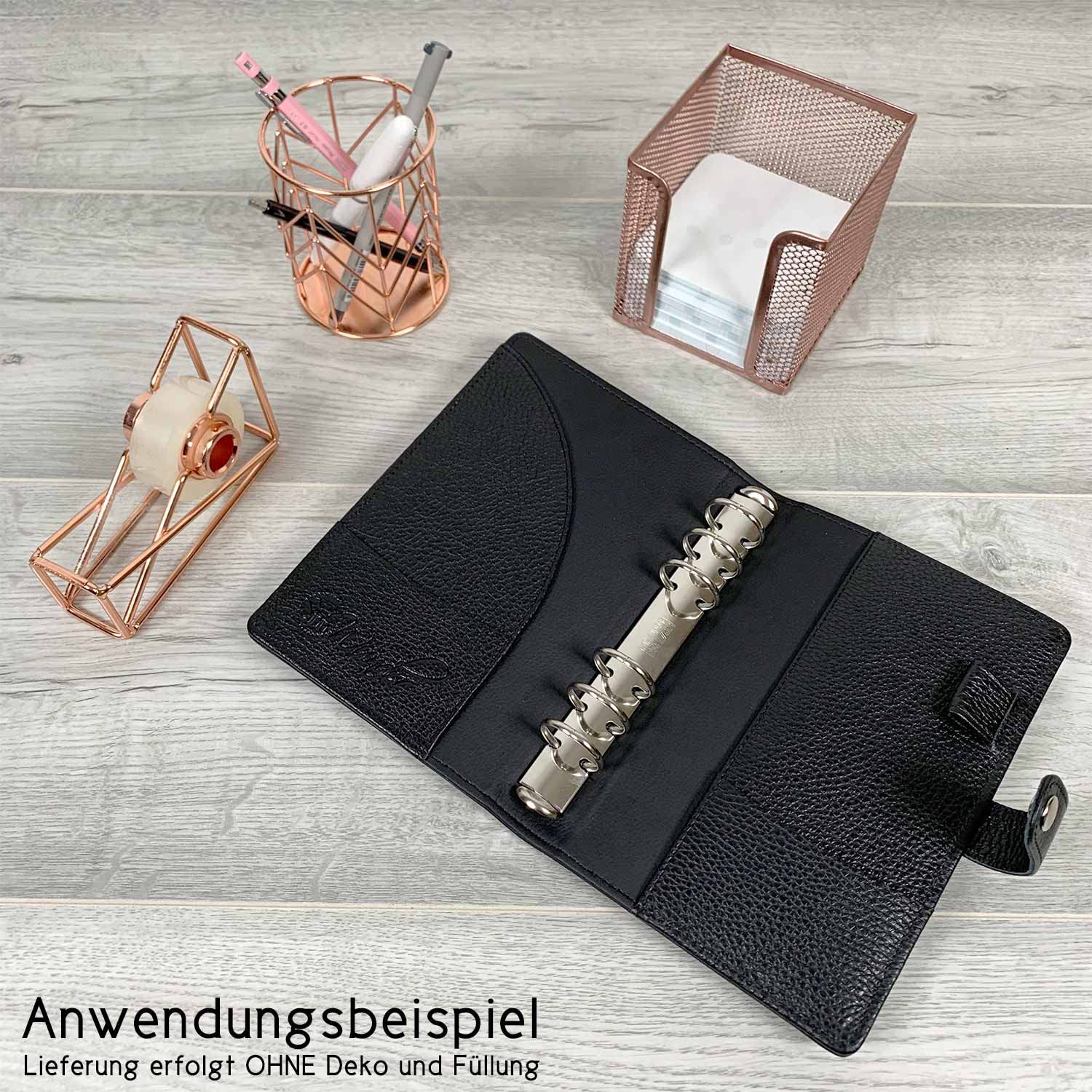 SinnWunder® Premium Ringplaner-Mappe mit 6 Ringen - nachfüllbar - aus geschmeidigem, italienischem Leder - Größe Personal - Farbe Schwarz