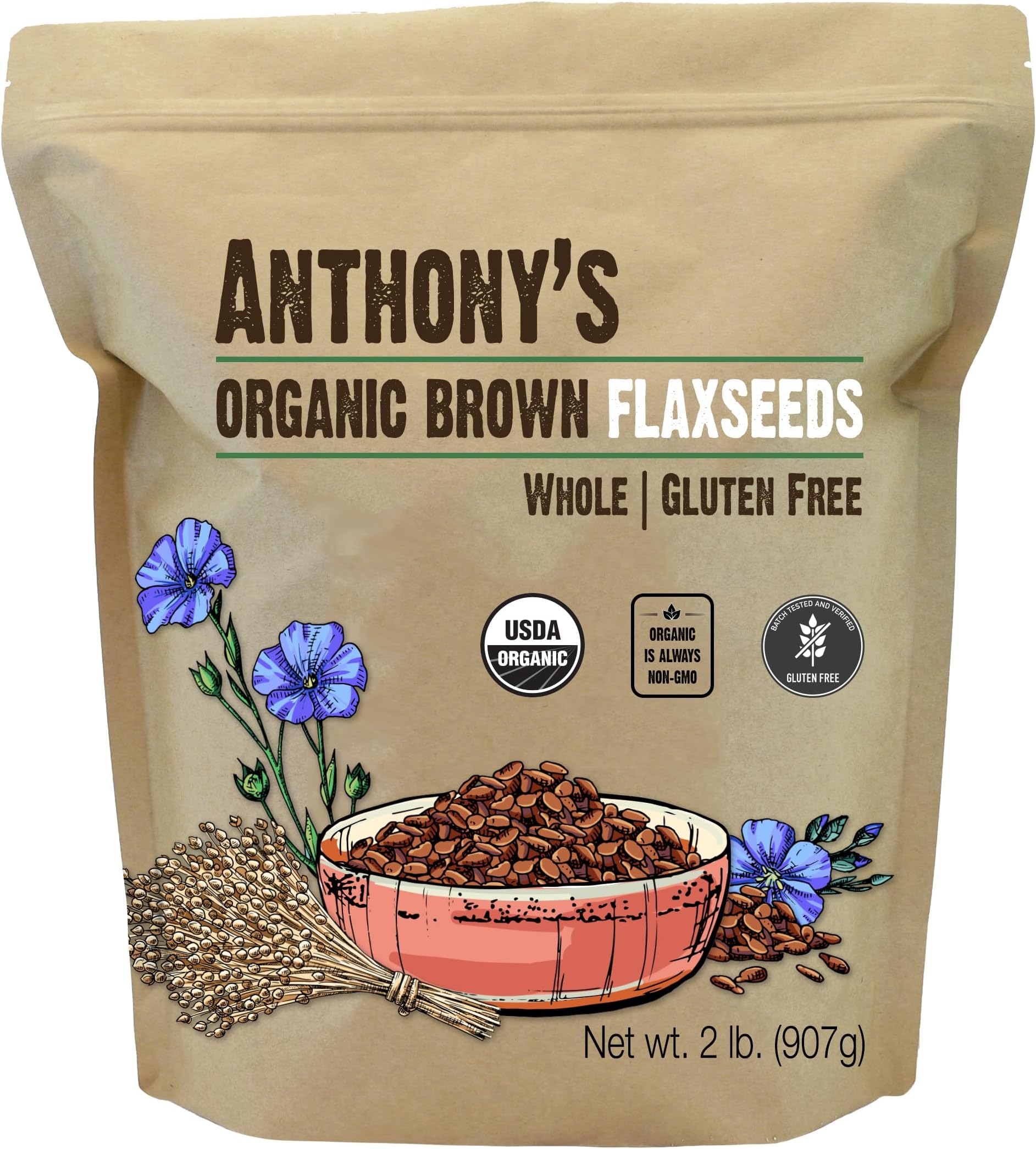 Organic Brown Whole Flaxseed, 2 lb, Batch Tested and Gluten Free, Raw, Non GMO, Sproutable, Keto Friendly