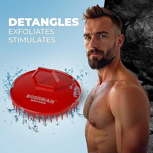 Vista 6 de Bossman Masajeador y cepillo de champú para cuero cabelludo (3 pulgadas, rojo) - Cepillo exfoliante para cuero cabelludo - Limpiador de cabeza