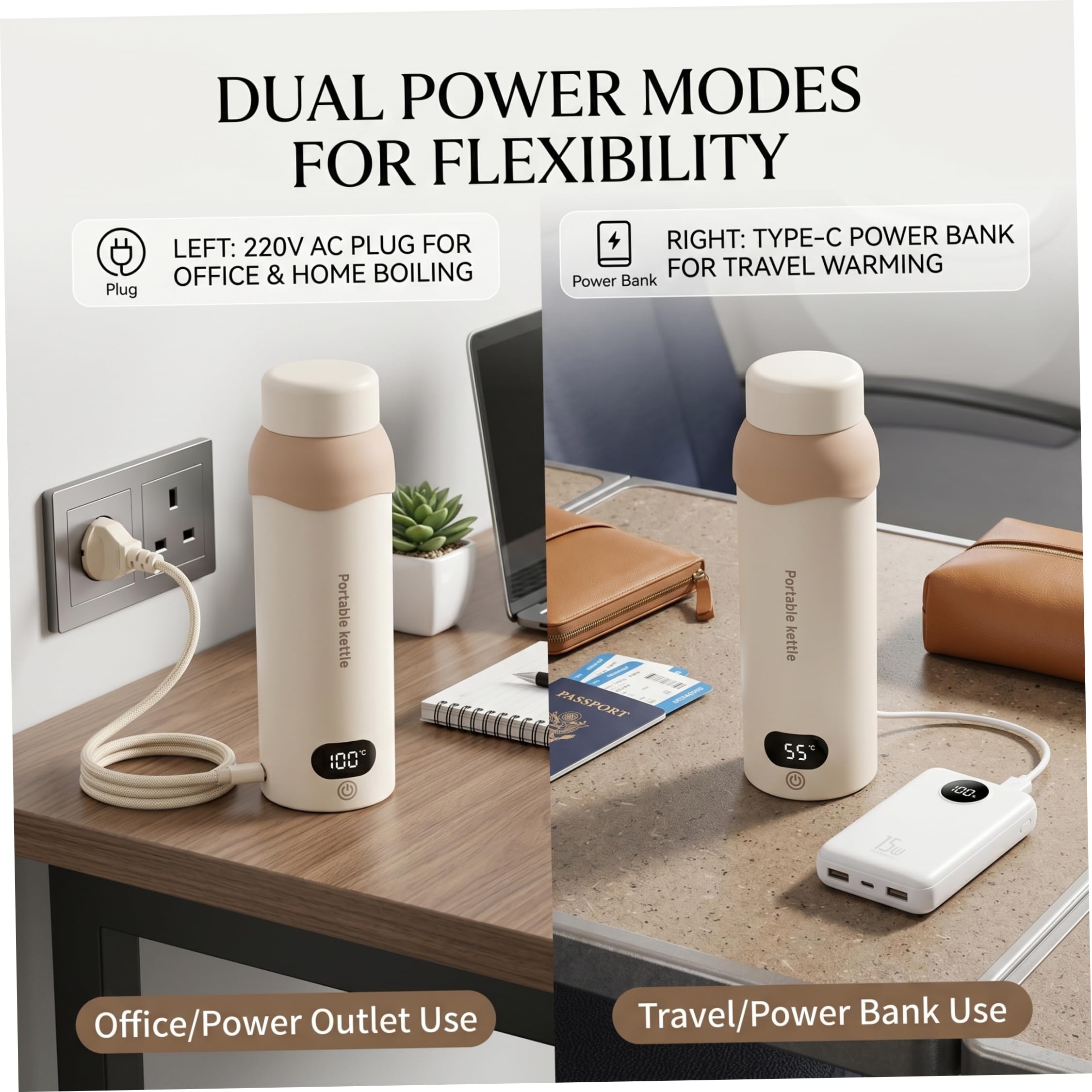Bouilloire électrique portable, bouilloire de voyage 500 ml avec 6 réglages de température, double alimentation USB-C/220 V, maintien au chaud 12 h, acier inoxydable 304, électrique portable blanch