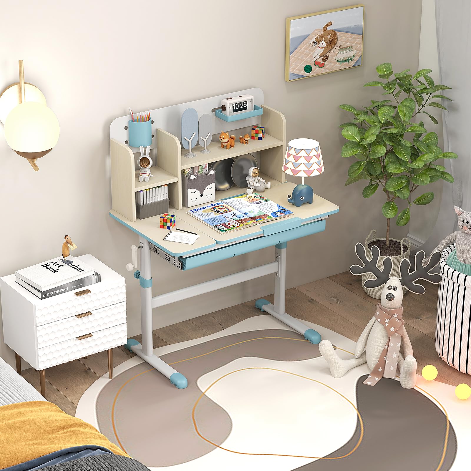 GOPLUS Escritorio de Estudio Infantil Multifuncional con Escritorio Inclinable, Mesa de Estudio para Niños Altura Ajustable, Cajón Extraíble, Soporte para Libros, para Niños de 3-12 Años (Azul)