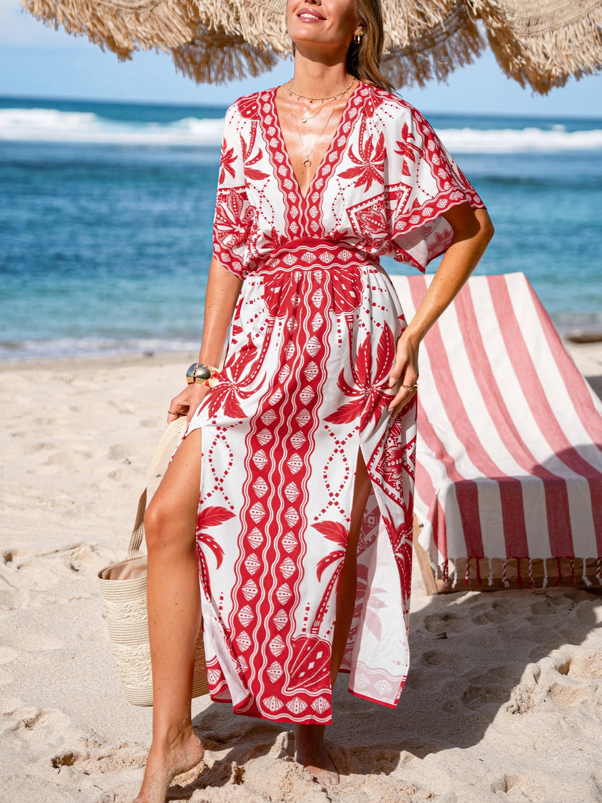 CUPSHE Maxi abito estivo da donna, stile boho, con scollo a V, mezza manica a dolman, vita imperiale, spacco laterale, prendisole per vacanze e spiaggia