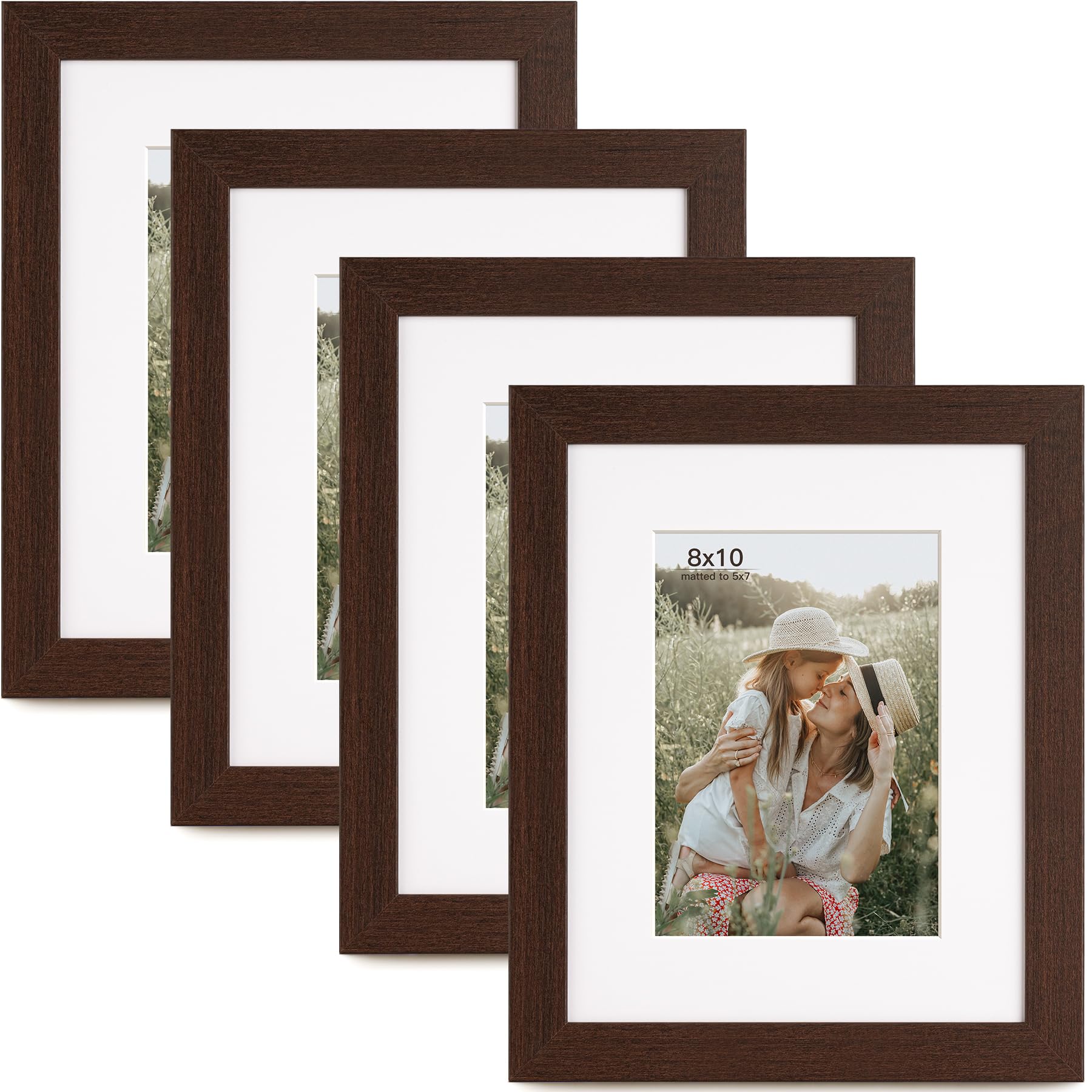 8x10 Picture Frame with Mat for 5x7, Walnut Wood Grain Frames Set of 4, 8 x 10 Dark Brown Gallery Wall Picture Frames for Tabletop or Wall Mounting(4 Pack, Walnut)