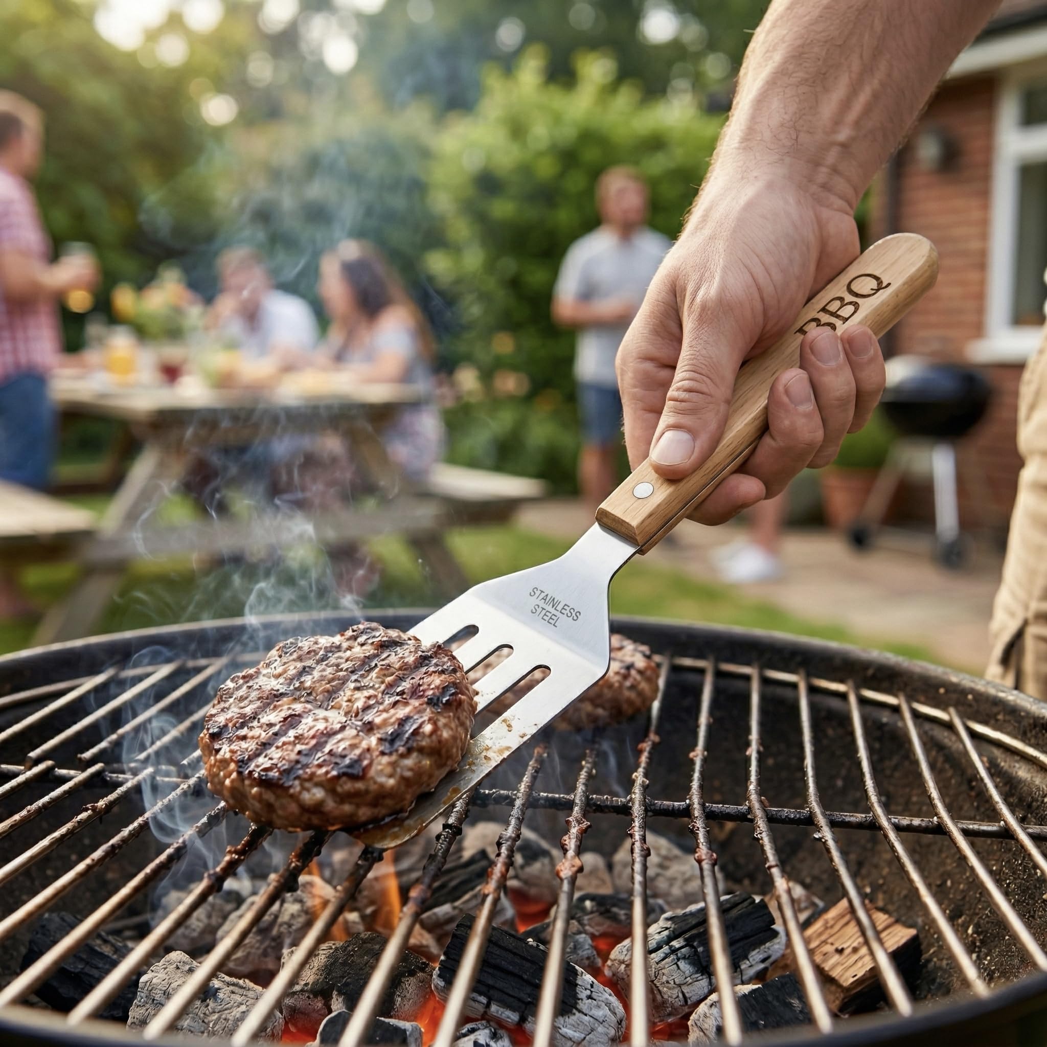 OCEANO Set Barbecue Professionale 11 Pezzi (10 Utensili + Custodia) Kit BBQ in Acciaio Inox con Manici Legno Accessori Griglia Giardino Campeggio Include Spatola Pinza Forchettone Coltello 6 Spiedini