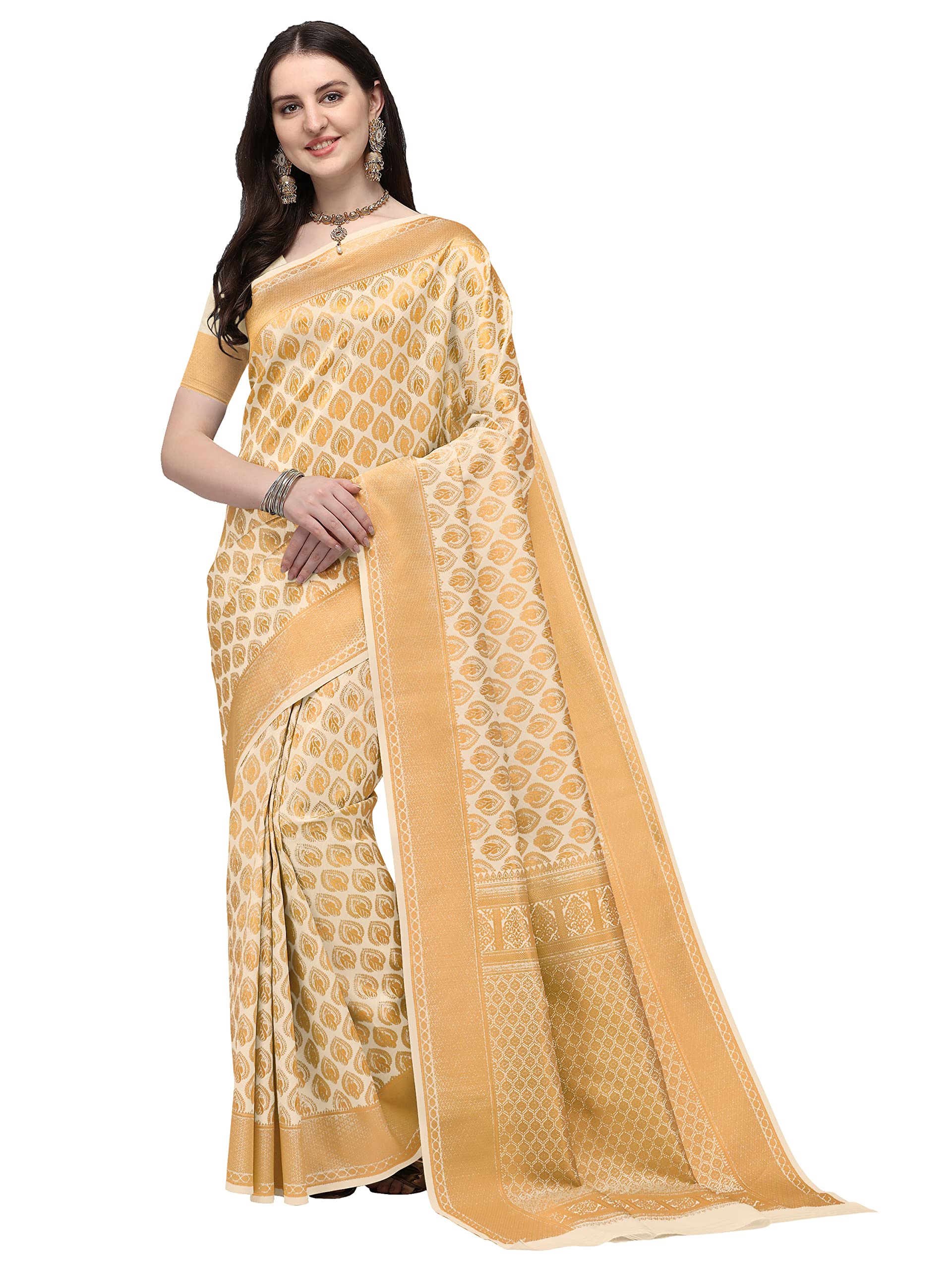 Jaanvi fashionWomen's Banarasi Silk with Zari Jacquard Work Saree with Unhemmed Blouse Part