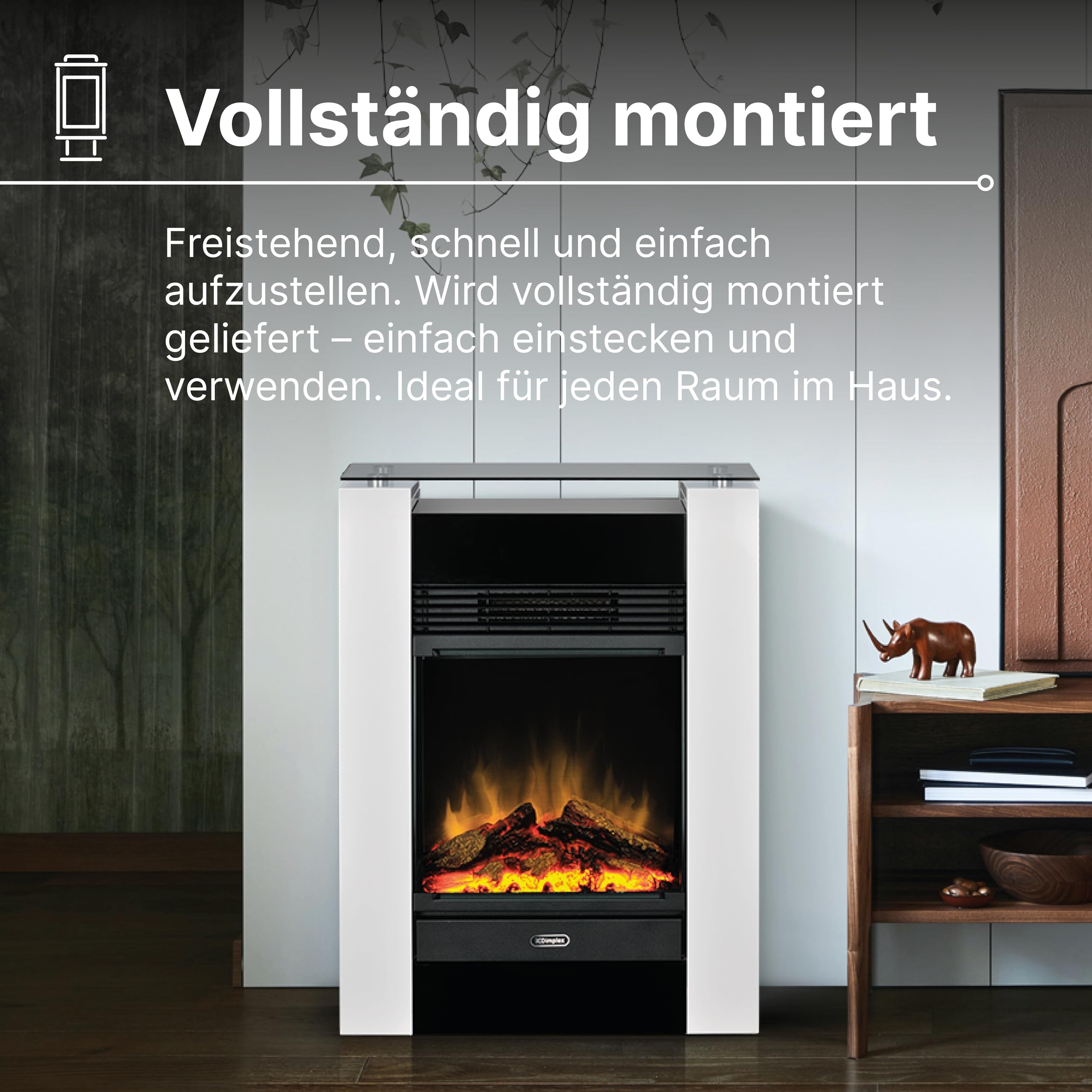 Dimplex Gisella Elektrokamin - Elektrokamin mit Heizung, Weißer Umrandung und Glasablage - LED Optiflame Flammeneffekt - Zuschaltbarer 1,5kW Heizlüfter - Inklusive Fernbedienung