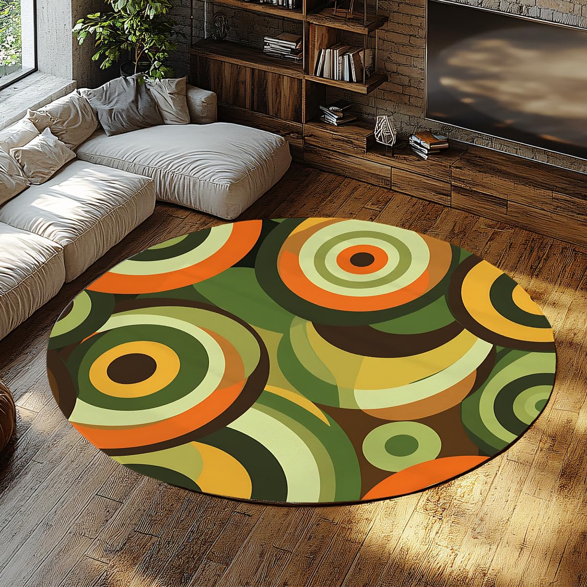 Tapis rond 200x200cm lavable style rétro moderne et géométrique pour salon