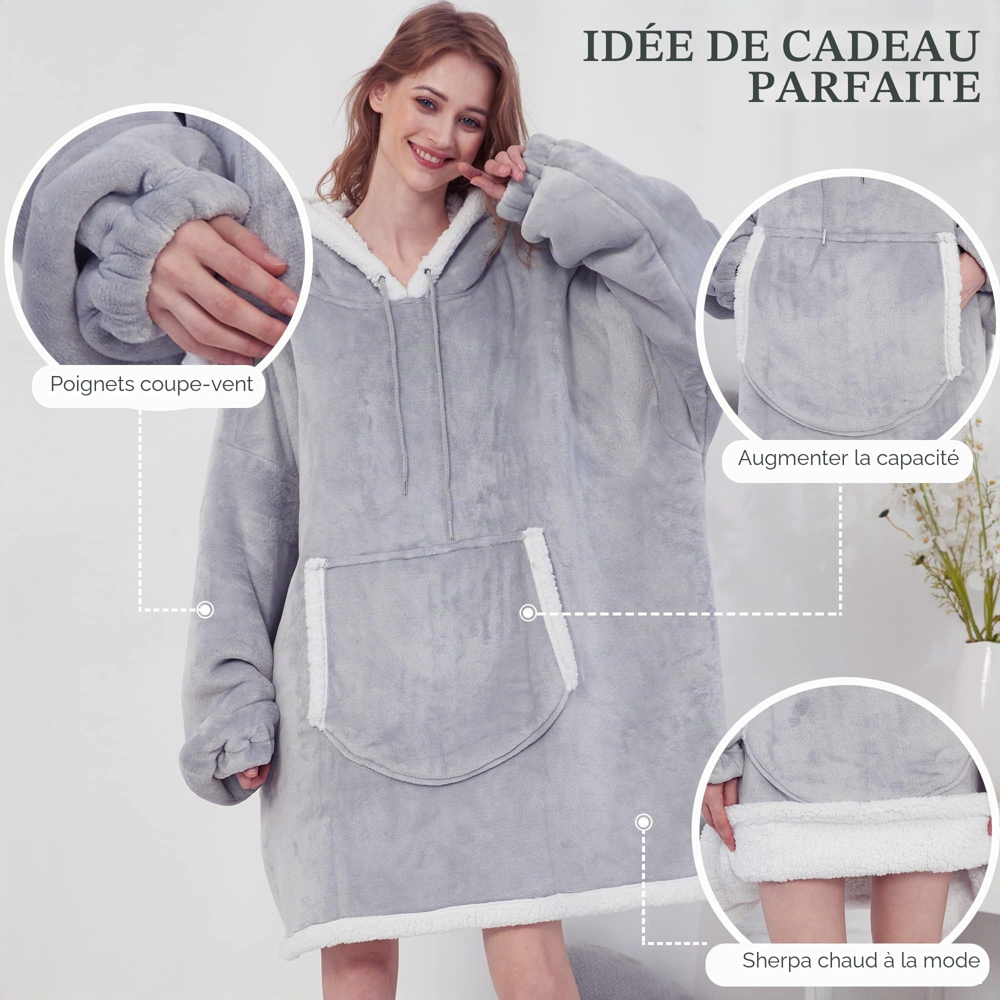 Viviland Sweat à capuche en sherpa doux et chaud avec grande poche frontale - pour adulte - parfait pour une soirée télé - gris - adulte