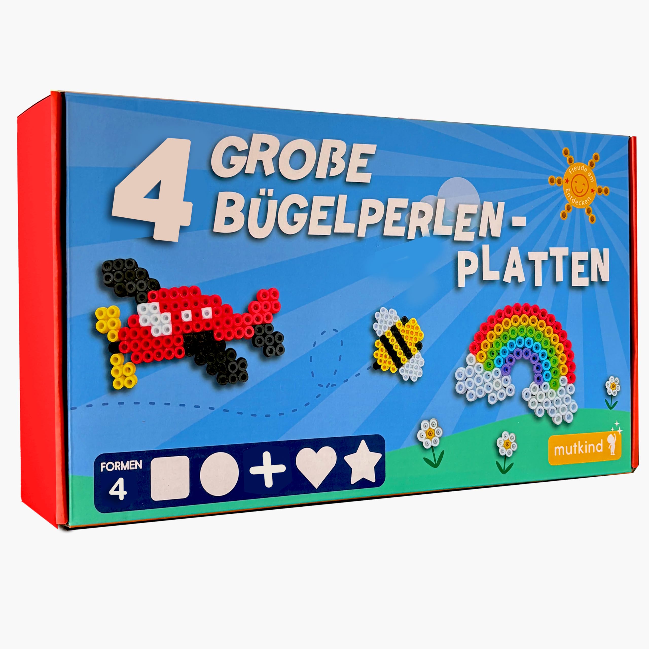 Mutkind Große Bügelperlen Platten 10mm - 4 Stück XL Steckplatten mit 50 Vorlagen für Kinder ab 3 Jahren