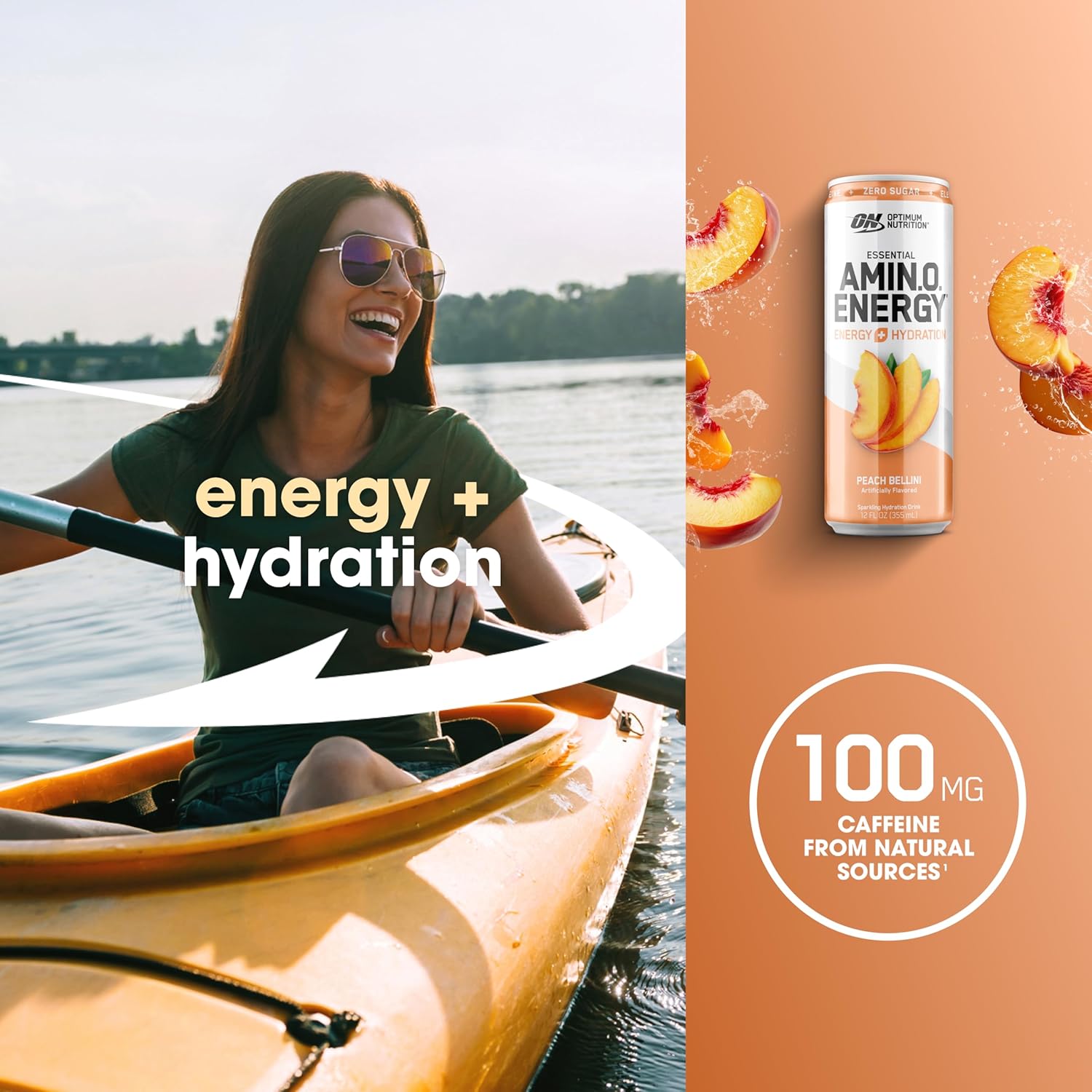 Optimum Nutrition Amino Energy Sparkling Hydration Drink, Electrolytes, Caffeine, Amino Acids, BCAAs, Sugar Free, Peach Bellini, 12 Fl Oz, 12 Pack (Packaging May Vary)