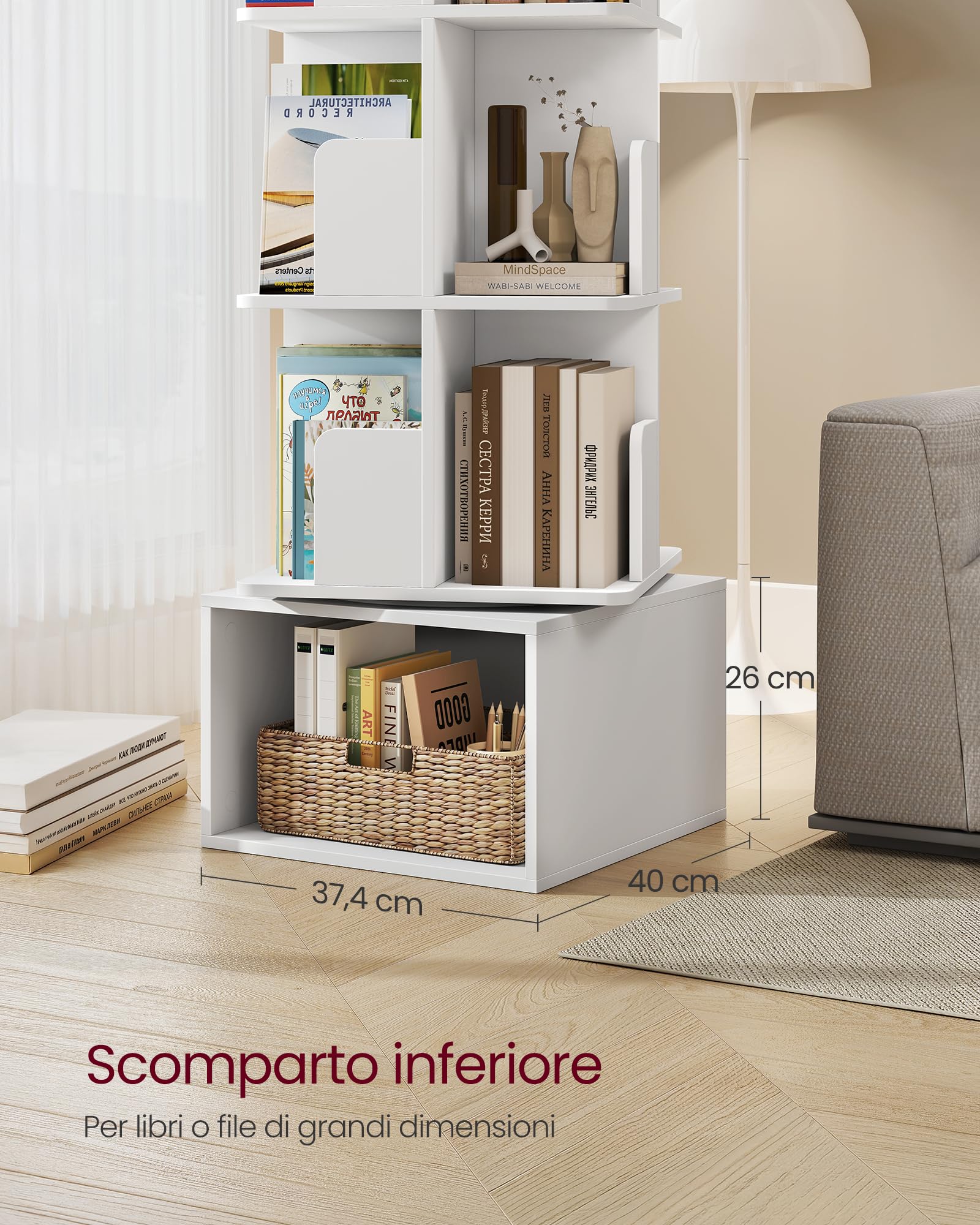 VASAGLE CUSTOS Collezione - Libreria Scaffale Girevole a 360°a 4 Ripiani, Scaffale Portaoggetti, Scomparti Aperti, 40 x 40 x 124,6 cm, per Camera da Letto Soggiorno Studio, Bianco Nuvola LBC471WB01