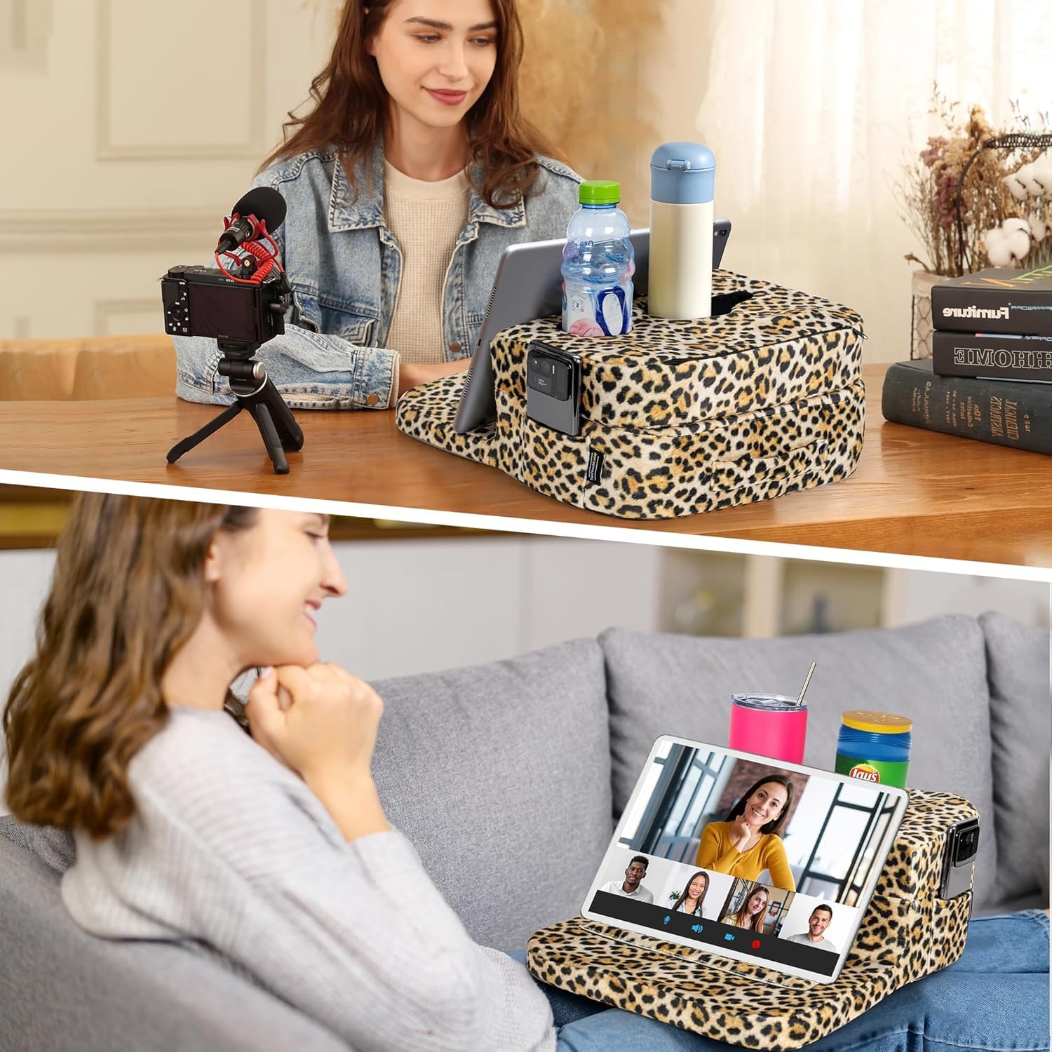 TabCouchCaddy - Couch Cup Holder Tray Pillow - Bed, Couch Caddy, Sofa, RV & Car - Holds Drinks, Snacks, Remotes, Phones, Kindle, Tablet | Bed Cup Holder (): Leopard